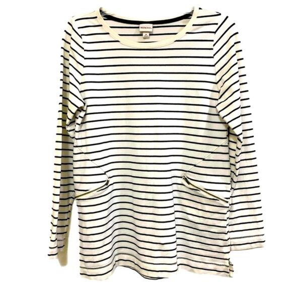 Merona Tunic Top Women’s Medium White Navy Blue Stripes  Crew Neck Zip Pockets. - Picture 1 of 12